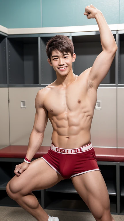 Japanese men、15 years old、Well-developed muscles and smooth skin、Red shaved head、Relaxed and friendly smile、Boxer briefs、The whole body is visible from toes to head、Fist pump in the locker room、