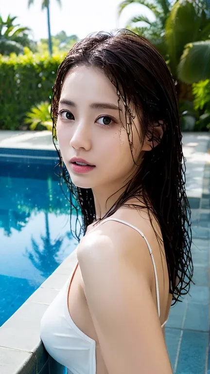 (Highest quality、masterpiece:1.2)、(Realistic:1.2)、woman, 36 years old、Pool、Wet Hair、Dramatic lighting、Tropical Background