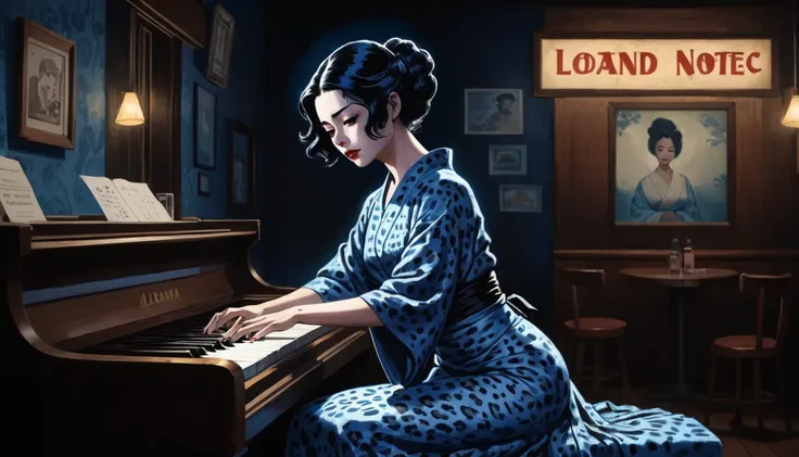 obert johnson, gritty, alabama bar, blue note, charismatic , leopard skin dress, illustration, noir fantasy, lone lady, sad ending, japanese kimono woman pianist blues bluesmusic blues bar sad feeling dark moonlight 