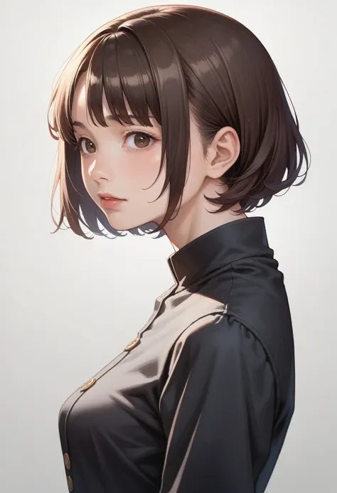 anime girl with short hair and brown eyes in a black dress, semirealistic anime style, anime style portrait, face anime portrait...