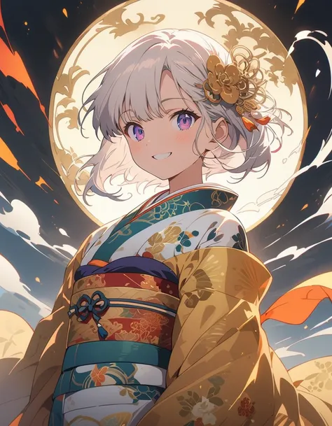 (Beautiful woman, Silver Hair), Smiling lightly, (kimono:1.4, Antique Pattern,), (Antique Design), Antique background, Simple Background, (Highest quality, masterpiece, High resolution,detailed),anime style,Flat Style,(Eyes shine、Illuminated by light,detai...