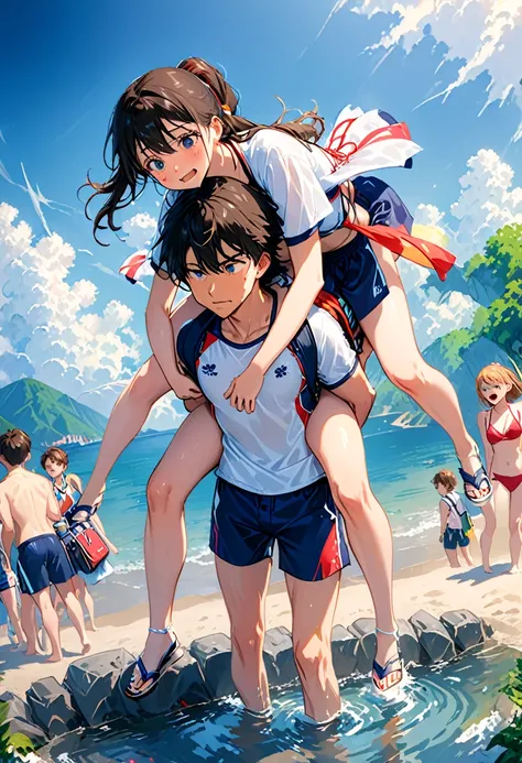 A boy is (carrying a girl on his back:1.2), They are both wearing swimsuits, both are high school students, the girl is wearing a bikini, The boy leans forward with a look of pain on his face because she is so heavy, Full body, 