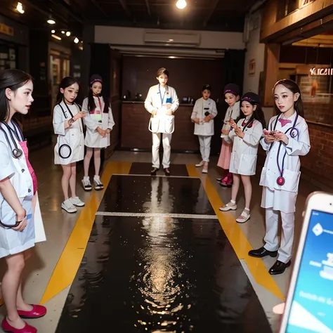 SFW,  ExtremelyDetailed (((Medical Kids group in Kidzania:1.4))), perfect face, Reflective Eyes, Detailed(Delicate Clothing textures), Corrected Leg to Foot Line, ((Specular Reflection:1.28)), TopQuality 8K Ultra-detailed masterpiece (ProfessionalPhoto:1.3...