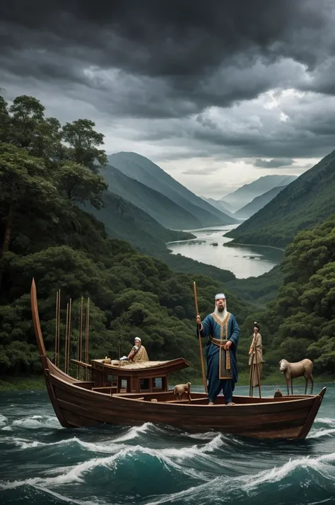 "A serene scene with Hazrat Nuh (Noah) standing near a large wooden ark, surrounded by pairs of various animals. The sky is dark and cloudy, indicating an impending storm, while a peaceful river flows beside them. Hazrat Nuh, with a wise and determined exp...