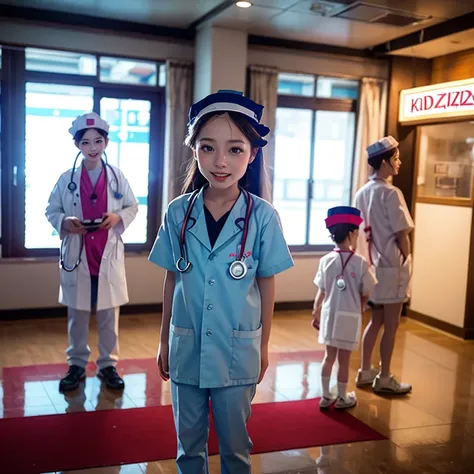 SFW,  ExtremelyDetailed (((Medical Kids group in Kidzania:1.4))), Childish perfect face, Reflective Eyes, Detailed(Delicate Clothing textures), Corrected Leg to Foot Line, Dynamic Joyful Expressions LifeLike Rendering, ((Specular Reflection:1.28)), TopQual...