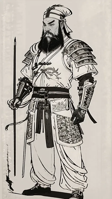 (((monochrome)))、(((ink painting)))、((ancient chinese leather armor、tie your hair up、bearded man wearing a white swimming cap))、...