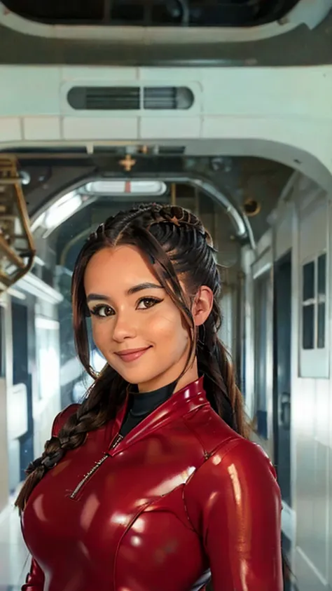 portrait of a beautiful brunette christina chong beautiful face, narrowed eyes. smirk. black braided hair as an astronaut, hair ...