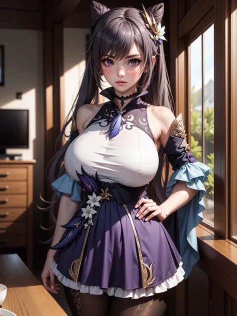 Masterpiece, ultra detail, high quality, 8k cg, huge breasts, keqingdef, blush, bright eyes, standing, indoors, slim body, narrow waist