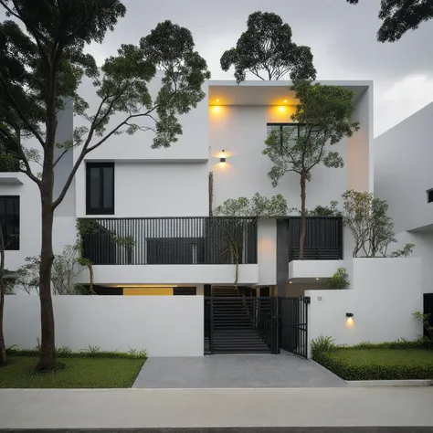 raw photo, a photo of a modern house, wabisabi style straight wall, white wall, steel dark gate, sidewalk, sidewalk trees, ((gre...