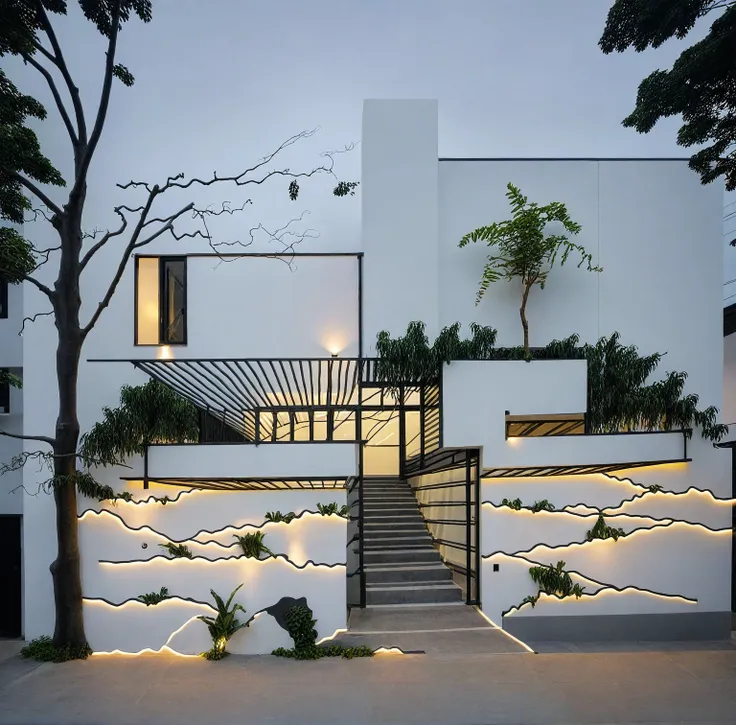 raw photo, a photo of a modern house, white wall, steel dark gate, sidewalk, sidewalk trees, ((grey gate:1.2)), road, viet nam m...