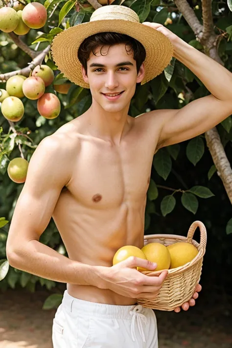 Young cute and handsome skinny face white beautiful smooth skin shirtless picking mango in a basket hat