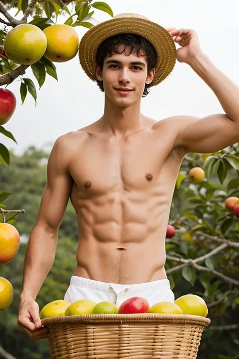 Young cute and handsome skinny face white beautiful smooth skin shirtless picking mango in a basket hat