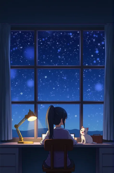 Room with lights turned off、Large windows in front、You can see the starry sky from the window、A girl with a ponytail and a kitten are relaxing at a desk、The starry sky lights up the room