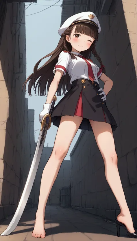 {Highest quality}, {Super beautiful},{Ultra fine},{Best illustration},Brown Hair,Hime cut,long hair,Braid,One woman,Standing Woman,Strike a pose,smile,smilingly,Smile,Wink,Uniform cap,White Shirt,Short sleeve,Long black skirt,White gloves,In the back alley...