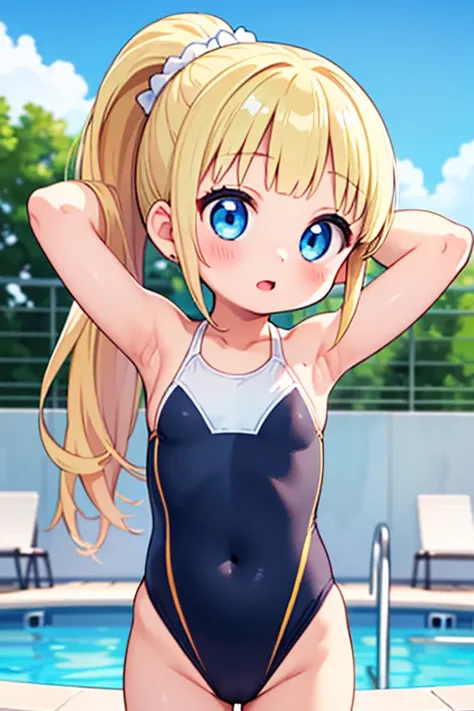 (Perfect Anatomy, Balanced ratio, very cute illustration:1.1), Poolside, Open your mouth、blonde, blue eyes, Wavy long hair, ponytail, Half-cut bangs,(Small breasts)、 (Place your arms behind your head, Underarm),  (Embarrassing), (Gorgeous idol costume swim...