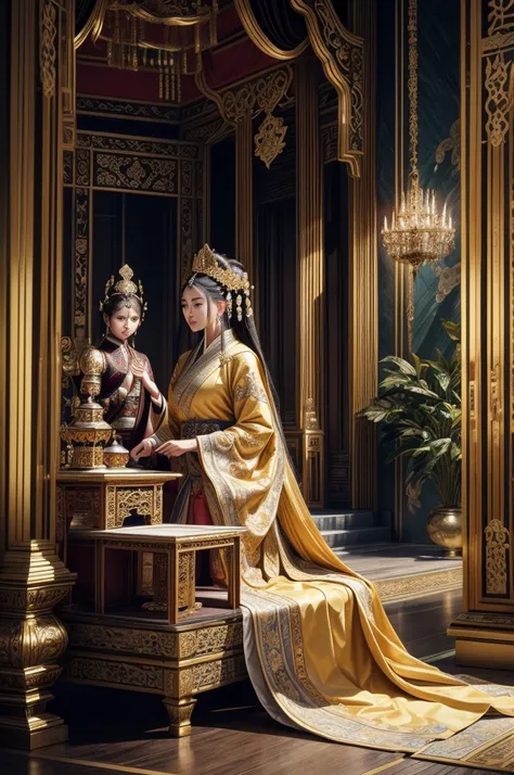 (best quality,4k,8k,highres,masterpiece:1.2),ultra-detailed,(realistic,photorealistic,photo-realistic:1.37),time travel,recall history,Tang Dynasty,royal court,intricate details,elegant robes,empress Wu Zetian,humble kneeling figure,vivid colors,portraits,...