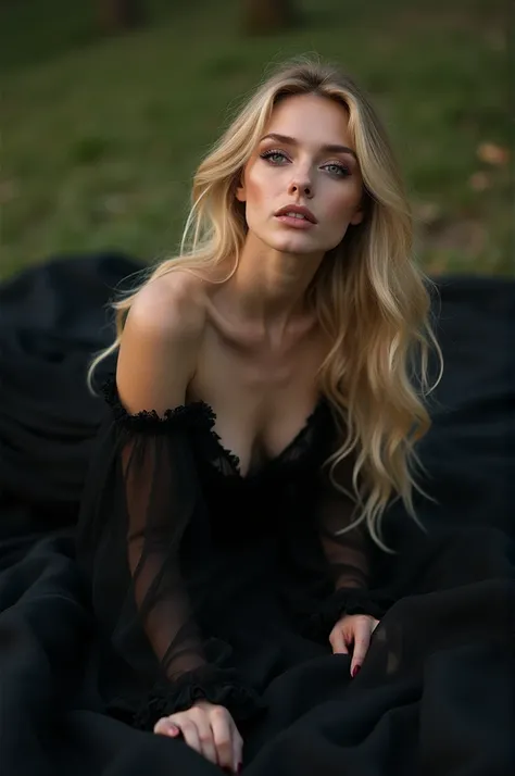 blond woman in black dress laying on a black cloth,(delicate seethrough transparent dress) glamour photography, sinister pose, lascivious pose, fantasy photoshoot, outdoor, 4 k glamour photography, dramatic seductive pose, beautiful witch with long hair, c...