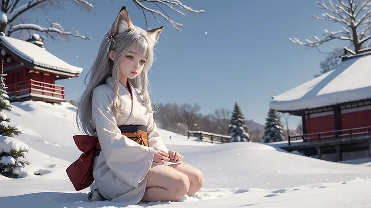  A close-up illustration of a 20-year-old fox girl, featuring fox ears, tail, and subtle fur accents, sitting gracefully in the snow. She has a peaceful expression, with her traditional kimono blending into the snowy background. The snow glistens softly un...