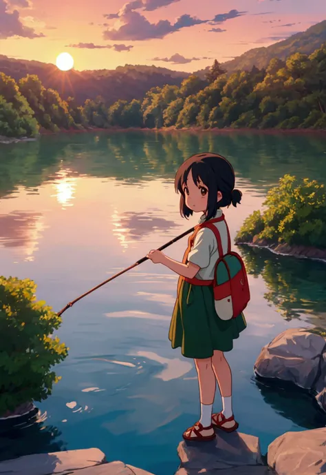 Ghibli-style scenery、Lake shore in the evening、Sunset while fishing、A worried face、１５Year old girl