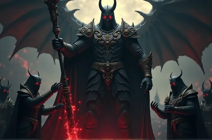 Epic, close-up shot of the Dark Lord: a towering figure in dark, elaborate armor, with glowing red eyes and a sinister aura. Holding a staff with dark energy emanating from it. Surrounding minions bowing in reverence. Realistic, menacing, and commanding pr...