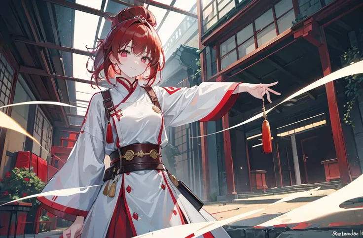 Brunette beauty。High ponytail，red hair clips，short detailed hair，Extremely tall，Wear red and white antique japanese clothes，Valkyrie，Brown belt，Brown boots，Red spear in hand，Standing in the antique courtyard，A bright smile，red pupils，Bare legged，Best quali...