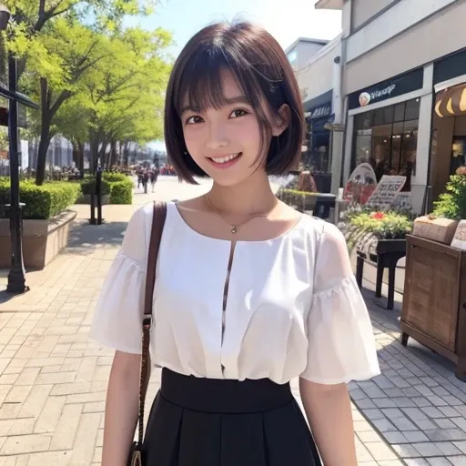 20-year-old women、Japanese、Beauty、The eyes are double、Natural smile、Natural Whitening、White blouse、Brown skirt、Black short hair、Outlet mall background