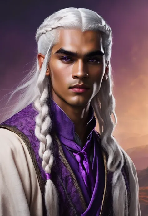 Slender and thin young man of 18 years, dark tan skin, long white hair tied up in ONE braid, violet eyes and straight dark eyebrows, sharp features, gloomy expression. In the style of a Targaryen. A very attractive young man 