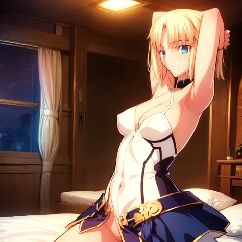 High resolution, 最high resolution,high resolution,{Things to know_f de stay night ufotable:1.15}, Rubio_ Best Quality, masterpiece, フルnude,Sweatだく,Blushing,smile,Armpitアップ,Sweat,Armpitを広げて見せている,bed,Moist,Blonde,whole body,pubic hairあり,Love juice,Armpit,sid...