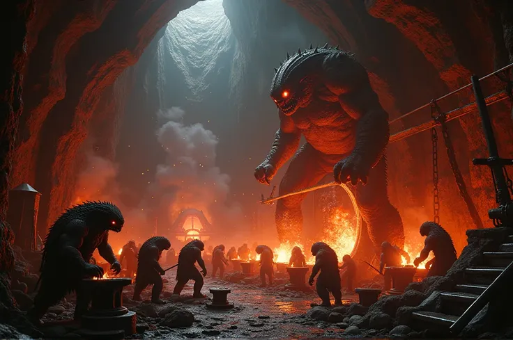 Epic, cinematic scene reminiscent of The Lord of the Rings, depicting a massive, dark smithy in the heart of a volcanic fortress. Dozens of monstrous creatures with muscular, twisted bodies and glowing red eyes labor intensely. Enormous forges illuminate t...