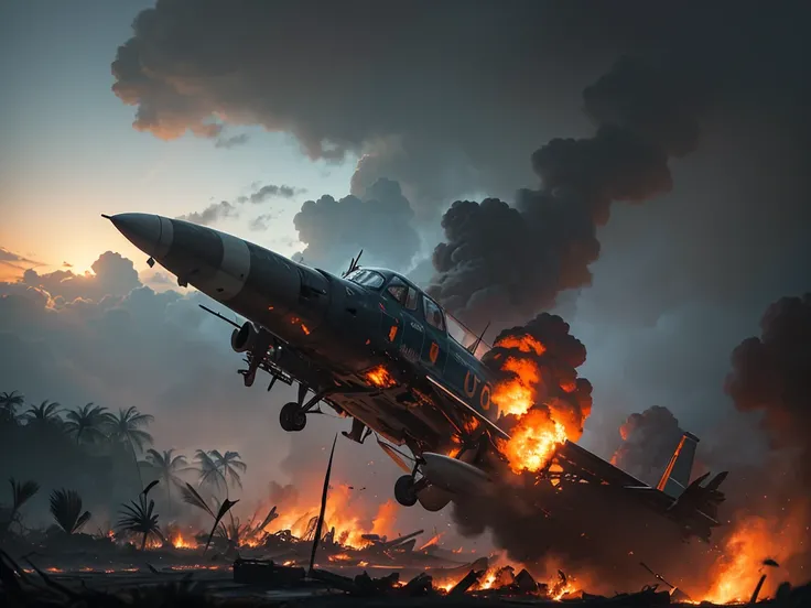 detailed photorealistic crashed passenger airplane on a tropical island, dramatic lighting, burning wreckage, lush jungle foliage, dramatic cloudy sky, realistic smoke and flames, highly detailed, hyperrealistic, 8k, masterpiece