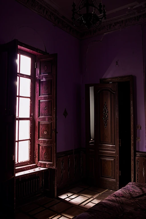 Haunted house, rooms with mucielagos. a lot of beauty, red, purple, reflexes 