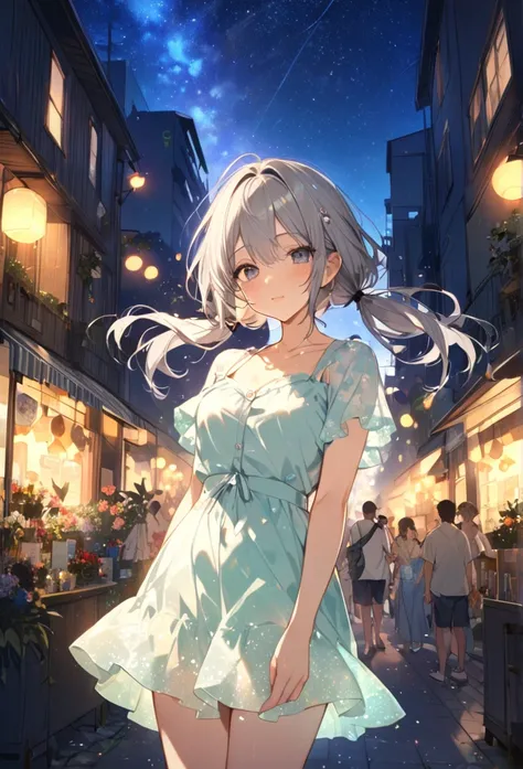 Highest quality　masterpiece　High resolution　Masterpiece Gray Eyes　Low twin tails、casual summer outfit　、flowerpunk、Sparkling light particles、Vivid gradient effect