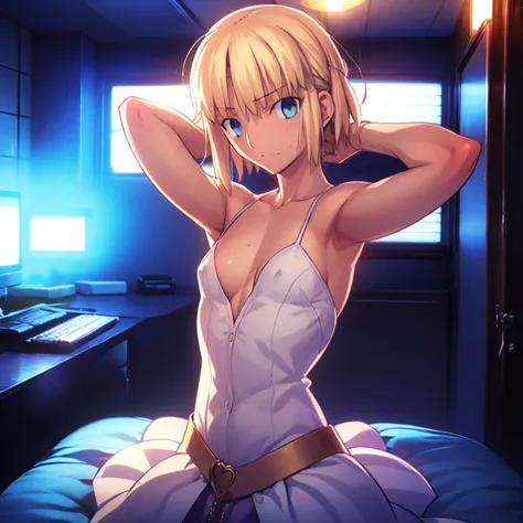 High resolution, 最high resolution,high resolution,{Things to know_f de stay night ufotable:1.15}, Rubio_ Best Quality, masterpiece, フルnude,Sweatだく,Blushing,smile,Armpitアップ,Sweat,Armpitを広げて見せている,bed,Moist,Blonde,whole body,pubic hairあり,Love juice,Armpit,sid...