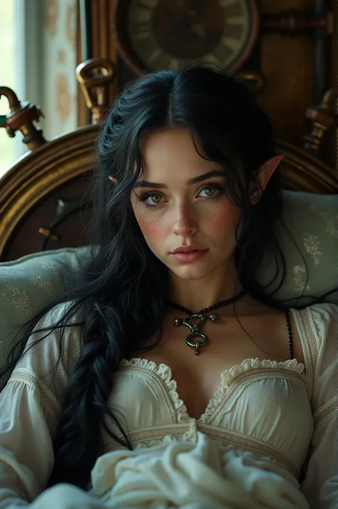 (Realisttic:1.2), analog photo style, Beautiful elf woman, posing, with freckles and long black hair braided, (steampunk dark fantasy atmosphere), soft natural light, cute and sexy, great quality, lying in a steampunk bed and looks at you, steampunkroom, M...