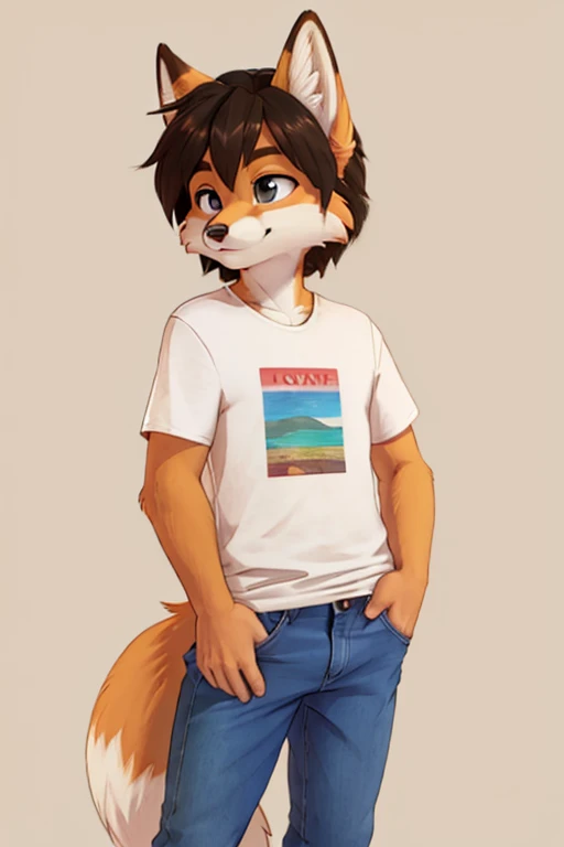 fox boy, jeans, t-shirt, flat chested, plain background