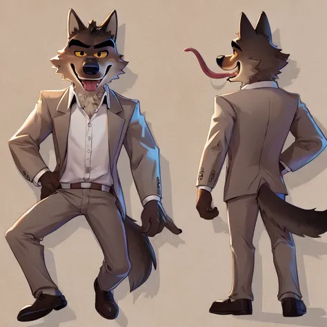 mr. wolf (the bad guys), dreamworks animation, 2d, looking at viewer, open mouth, tongue out, long tongue, wide-eyed, wolf ears,...