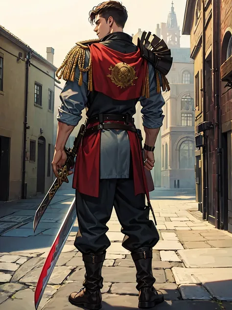 A 20 years old wearing medieval fantasy military commander, dual sword on his back