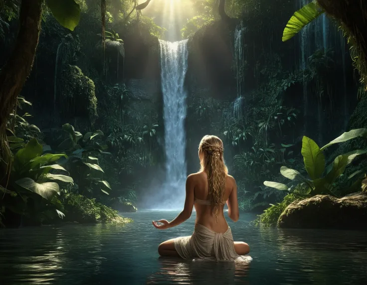 A lovely scantily clad woman prays for fertility at a jungle waterfall, a translucent goddess floats above the water and listens to her prayer, moonlit confession, detailed female figure, intricate detailed waterfall, lush tropical jungle, soft ethereal li...