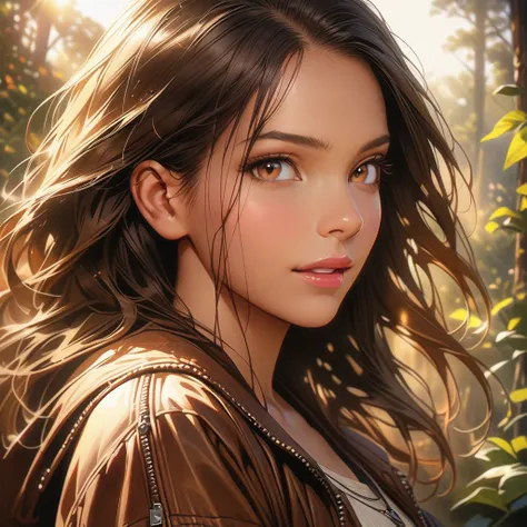 A beautiful woman with detailed eyes, full lips, and long eyelashes, wearing a casual dress, in a forest setting with sunset lighting, (best quality,4k,8k,highres,masterpiece:1.2),ultra-detailed,(realistic,photorealistic,photo-realistic:1.37),highly realis...