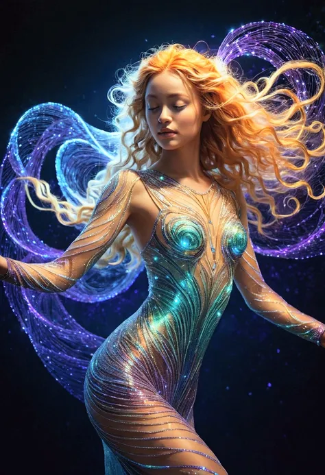 The image depicts a girl made of intricate, shimmering lines of light, standing in a full-body pose that emphasizes her ethereal form. Her hair, a vibrant orange-blonde, is rendered in thick, messy waves, with luminous strands swirling and dancing around h...