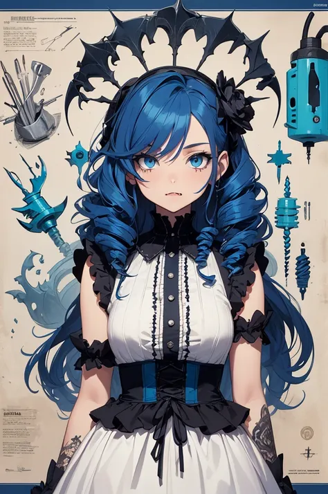 ((Super detailed illustration)), (Masterpiece, 8K), (Best quality, High quality), Perfect anatomy, Super detailed, Super detailed, Perfect design, 20-year-old, (((native American girly))), rostro maduro,, ((blue hair)), ((fang)), (((drill hair))), ((Blue e...