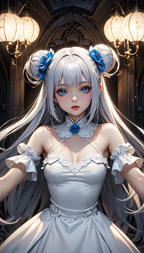 cute magical girl, (double bun, blunt bangs, silver straight long hair), amorous and lewd face, make-up, blue eyes, great proportion, white gothic bare-dress, choker, both hands above head, background dimly lit basement, (ultra detailed, absolutely resolut...