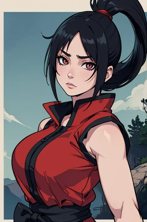 (((masterpiece))), ((naruto)), ((highly detailed)), (((high quality))), 1girl, (((solo))), upper art, ((pretty face:1.2)), (((black hair))), very long hair, (((ponytail))), sharigan eye, Uchiha eyes, ((Akatsuki clothing)), looking at viewer, nonchalant fac...