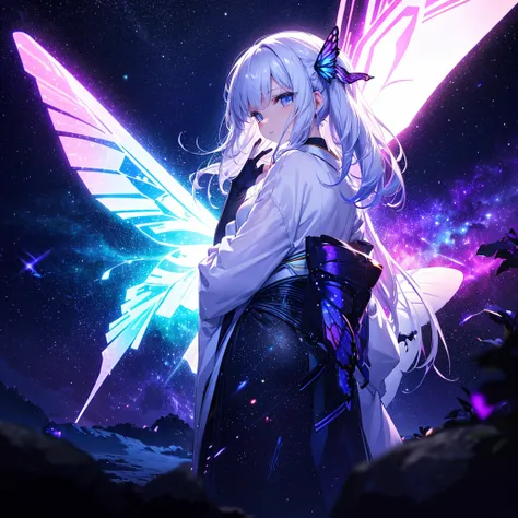 One woman,Archangel((Galaxy Wings,Infinite depth,grow,very mysterious,Close-up)) background(Cyber World) Serious expression,Looking diagonally upwards, pure white long hair,A butterfly blowing in the wind. A side view. Neon colors shining brightly.,Super M...