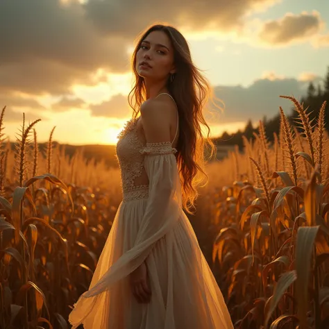 detailed autumn landscape, cornfield, woman in a wheat field, goddess of harvest, beautiful detailed face, long flowing hair, intricate detailed dress, warm lighting, golden hour, dramatic cloudy sky, cinematic composition, highly detailed, photorealistic,...