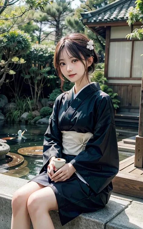 In the garden of an old Japanese houseA girl in a yukata is sitting on a veranda overlooking a traditional Japanese garden. Shes sipping tea from a small ceramic cup. A koi pond can be seen in the distance, and the sound of water trickling over a stone lan...