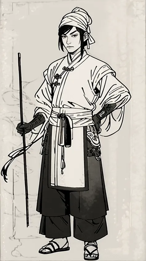 (((monochrome)))、(((ink painting)))、((ancient china、handsome young man with tied hair and wearing a white swimming cap))、holding...