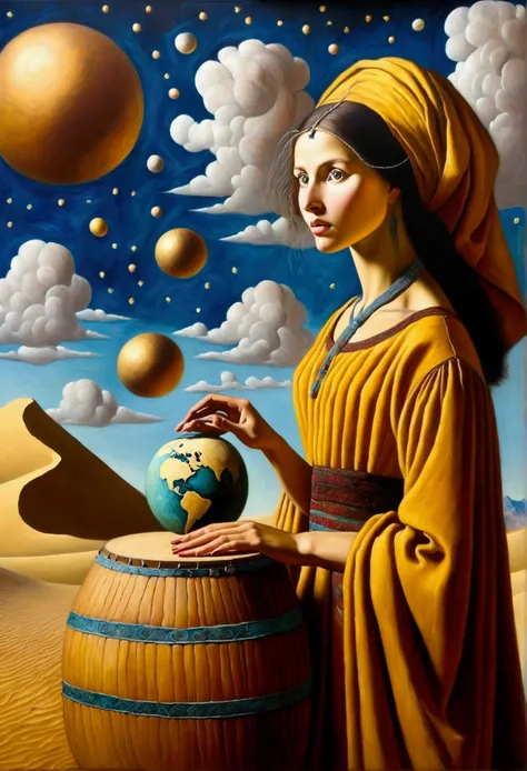 oil painting, leonardo da vinci style, Van Gogh, lots of, chirico, beautiful Alafi woman in traditional costume holding a small drum in the desert, beautiful  face , detailded, beautiful and big eyes with big eyelashes, a young woman in shamanic costume, a...