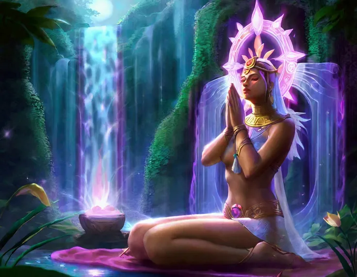 A lovely scantily clad woman prays for fertility at a jungle waterfall. A translucent goddess floats above the water and listens to her prayer. Moonlit confession
