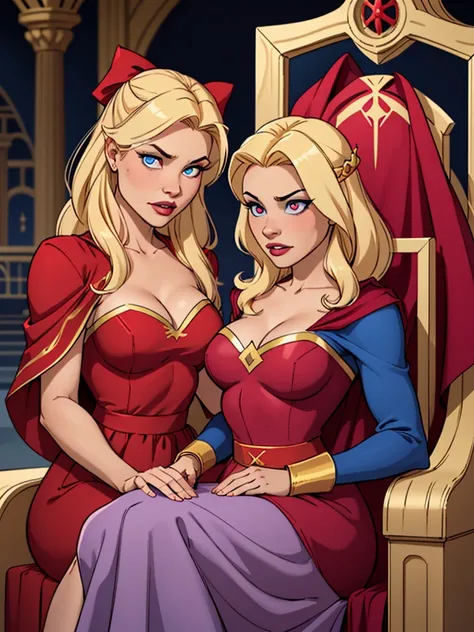 2 girls, one blonde with long hair wearing bows in her hair, with blue eyes, wearing a pink princess dress, sweet princess and sitting on a throne, the other girl behind the throne with short blonde hair, wearing a blue heroine costume, wearing a red cape ...